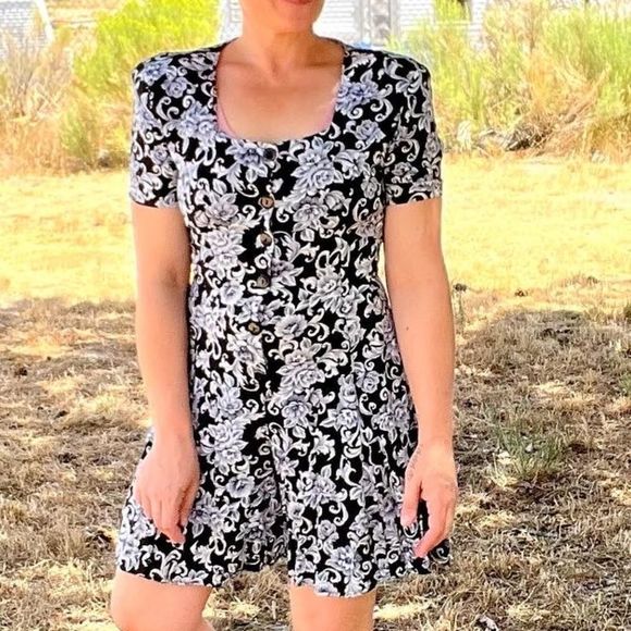 Rampage Pants - Vintage 90s Rampage Floral Button Up Short Romper Jumpsuit Black Blue Roses